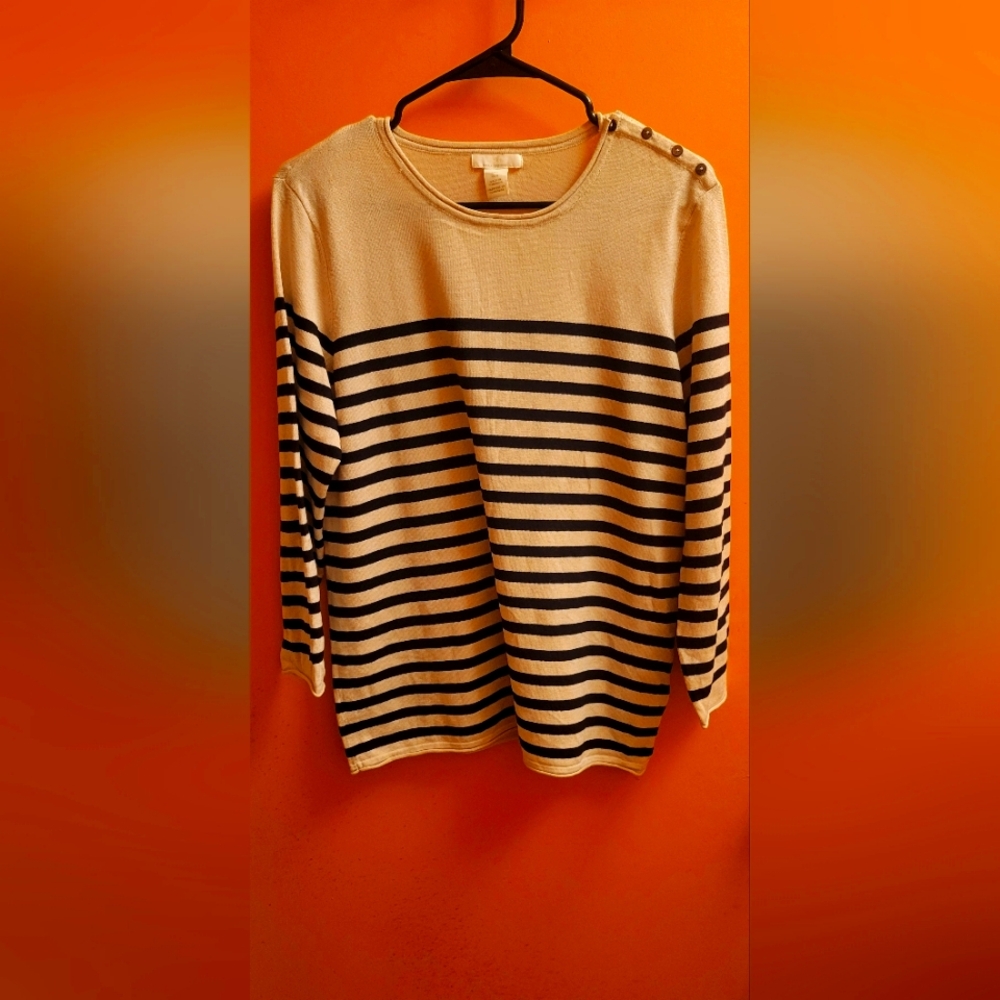 H&M Cream and Black Striped Crew Neck Summer Sweater